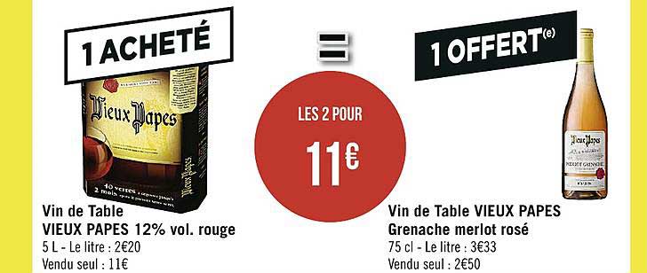 vin de table vieux papes 12% vol. rouge vin de table vieux papes grenache merlot rosé 1 acheté = 1 offert