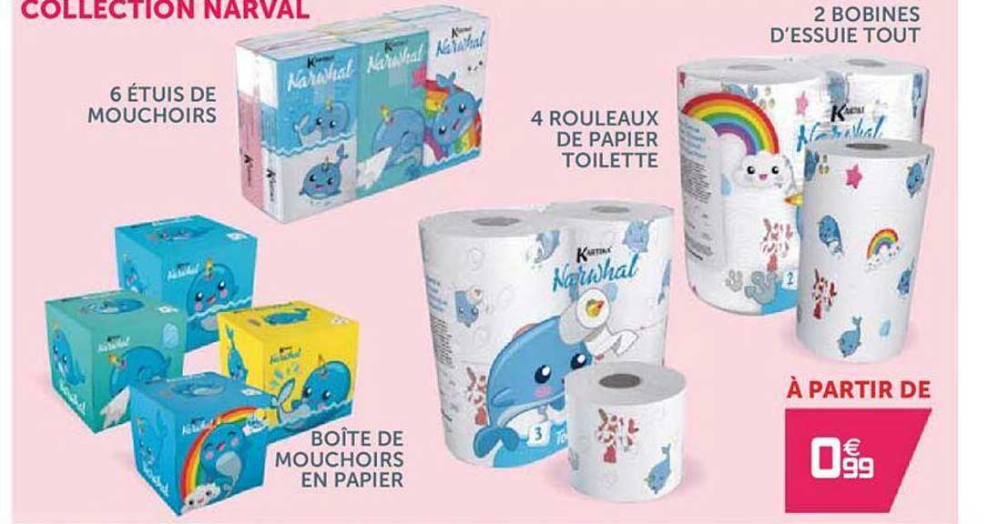4 rouleau de papier toilette, boîte de mouchoirs en papier, 6 étuis de mouchoirs, 2 bobines d'essuie tout