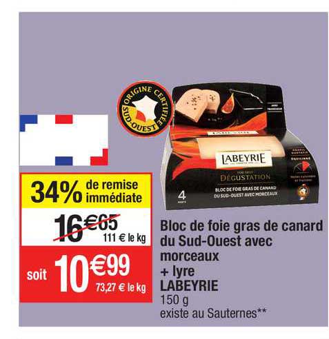 bloc de foie gras de canard du sud-ouest avec morceaux + lyre labeyrie