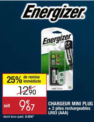 chargeur mini plug + 2 piles rechargeables energizer