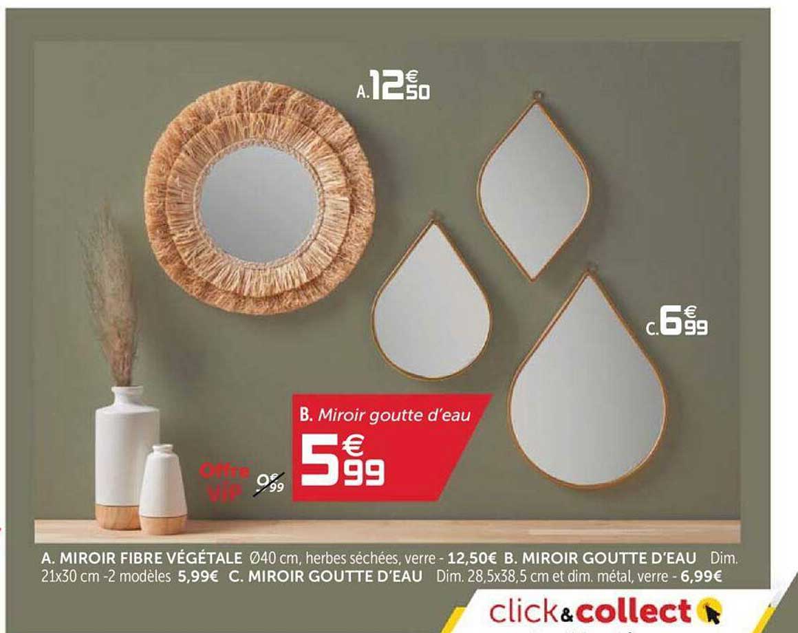 miroir fibre végétale, miroir goutte d'eau, miroir goutte d'eau