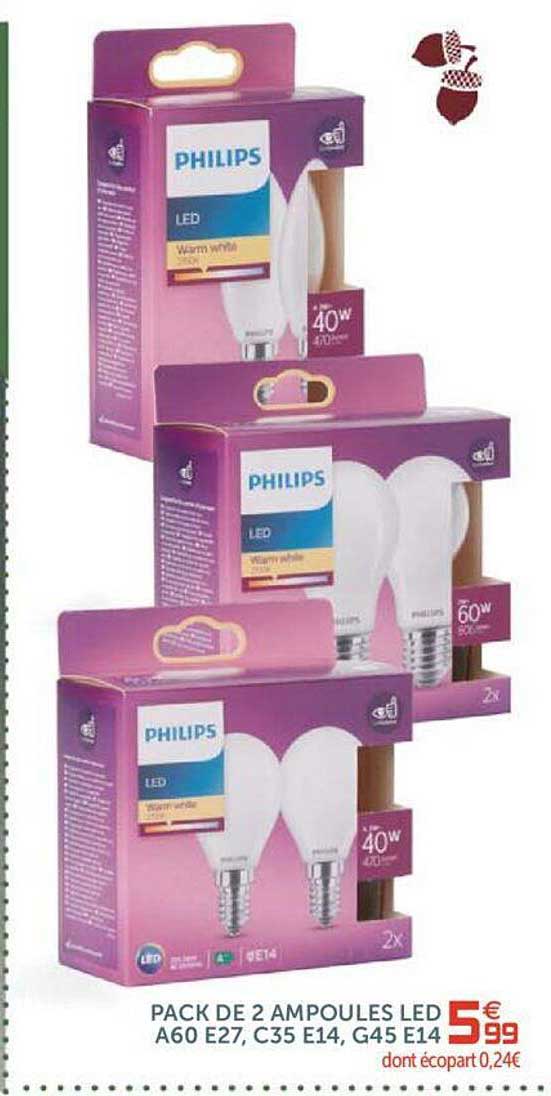 pack de 2 ampoules led a60 e27, c35, e14, g45 e14