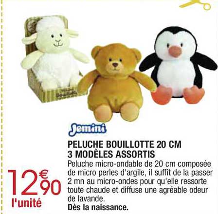 peluche bouillotte 20 cm 3 modèles assortis jemini