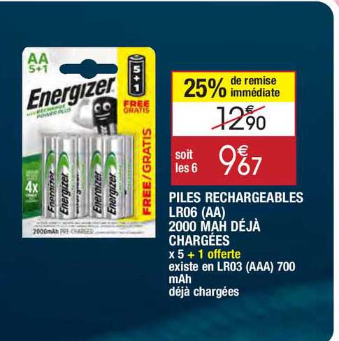 piles rechargeables lr06 (aa) 2000 mah déjà chargées energizer