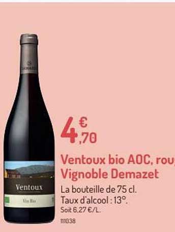 ventoux bio aoc, rouge vignoble demazet