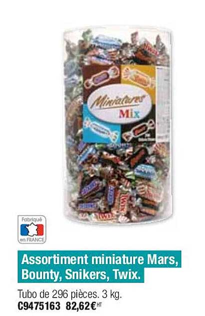 assortiment miniature mars, bounty, snickers, twix