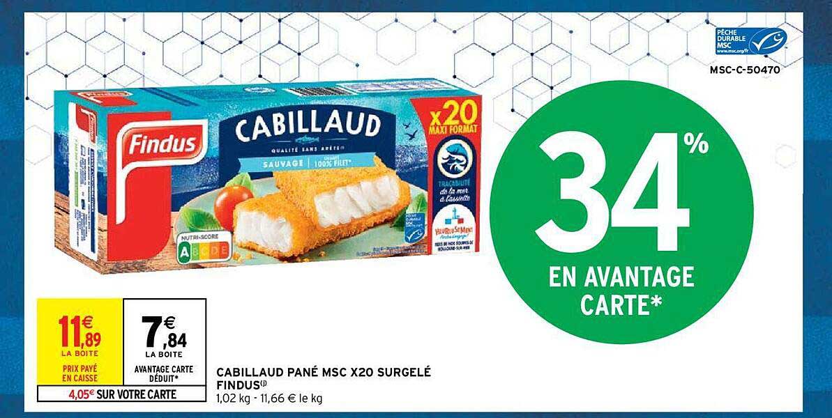 cabillaud pané msc x20 surgelé findus