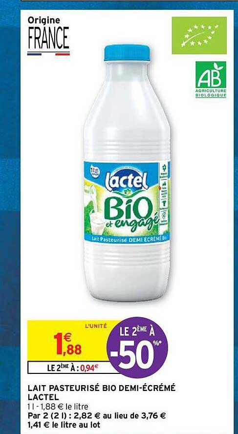 lait pasteurisé bio demi-écrémé lactel