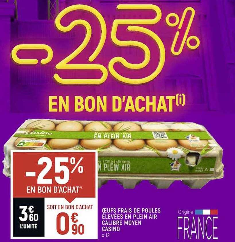 œufs frais de poules élevées en plein air calibre moyen casino