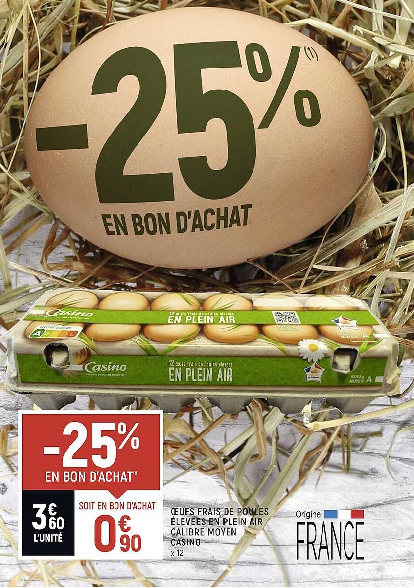 œufs frais de poules élevées en plein air calibre moyen casino