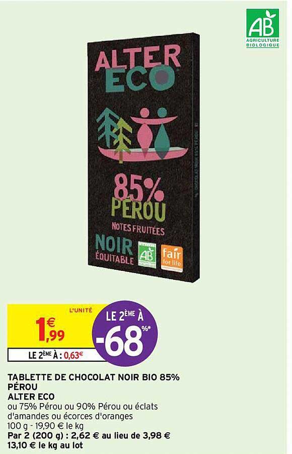 tablette de chocolat noir bio 85% pérou alter eco
