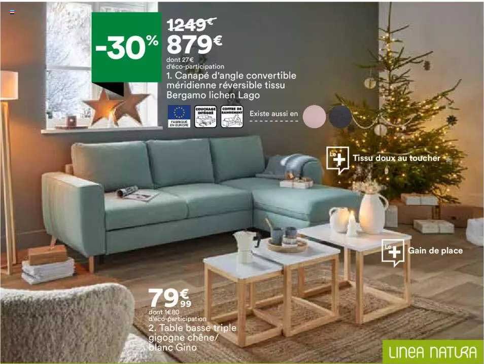 1. canapé d'angle convertible méridienne révesible tissu bergamo lichen lago 2. table basse triple gigogne chêne blanc gino linea natura