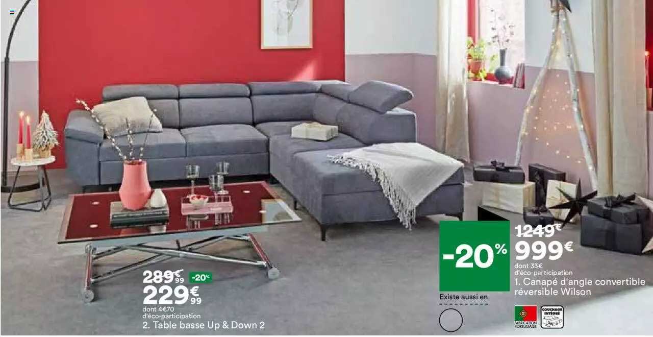 1. canapé d'angle convertible réversible wilson 2. table basse up & down 2
