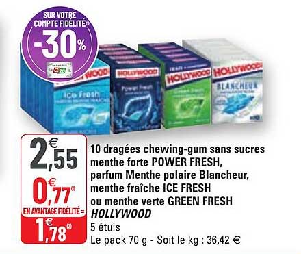 10 dragées chewing-gum sans sucres menthe forte power fresh, parfum menthe polaire blancheur, menthe fraîche ice fresh ou menthe verte green fresh hollywood