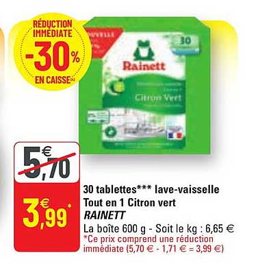 30 tablettes lave-vaisselle tout en 1 citron vert rainett