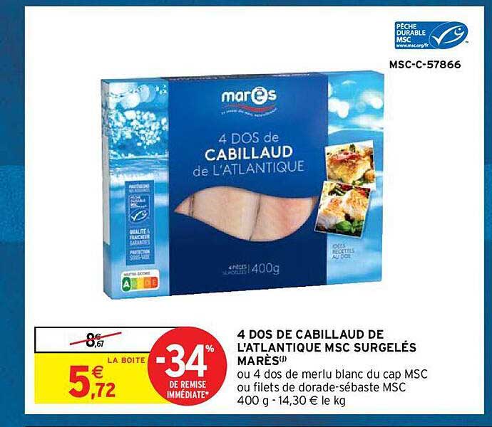 4 dos de cabillaud  de l'atlantique msc surgelés marès