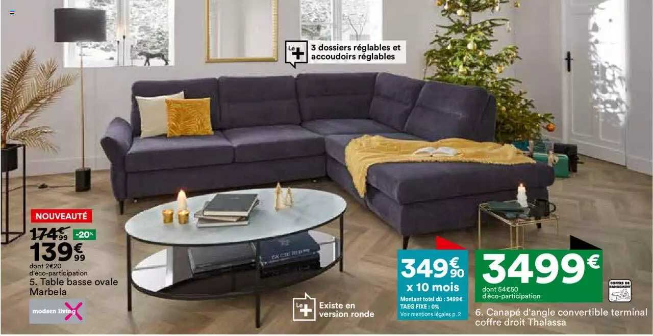 5. table base ovale marbela 6. canapé d'angle convertible terminal coffre droit thalassa