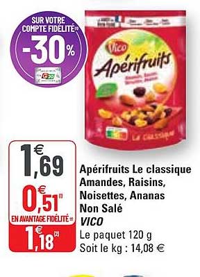 apérifruits le classique amandes, raisins, noisettes, ananas non salé vico