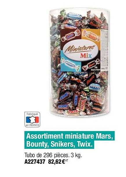 assortiment miniature mars, bounty, snikers, twix