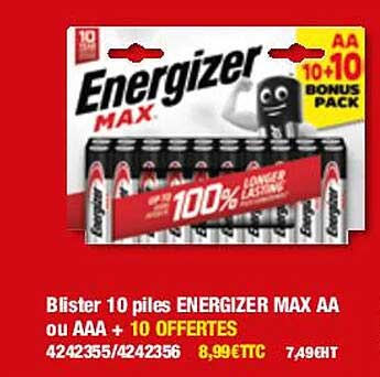 blister 10 piles energizer max aa ou aaa + 10 offertes