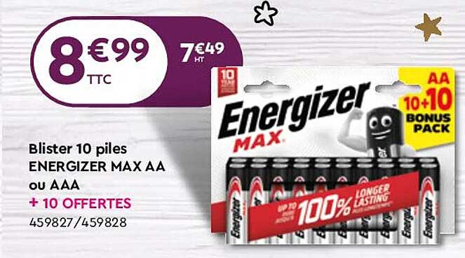 blister 10 piles energizer max aa ou aaa + 10 offertes