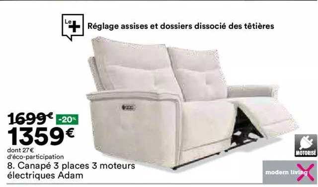 canapé 3 places 3 moteurs électriques adam