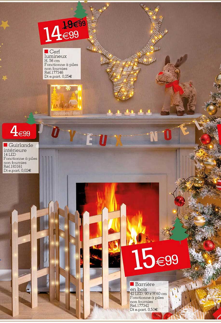 cerf lumineux, guirlande intérieure 14 led, barrière en bois 42 led