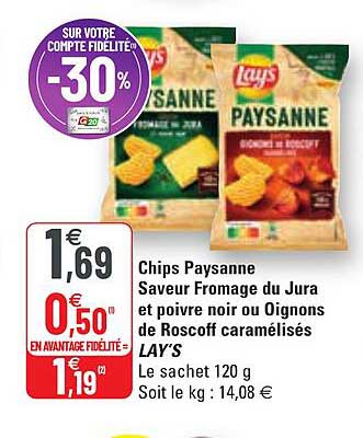 chips paysanne saveur fromage du jura et poivre noir ou oignons de roscoff caramélisés lay's