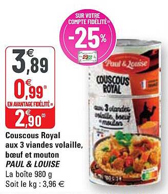 couscous royal aux 3 viandes volaille, boeuf et mouton paul & louise