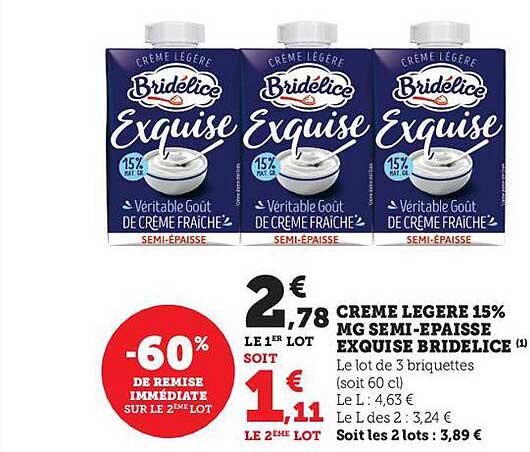 crème légère 15% mg semi-épaisse exquise bridélice