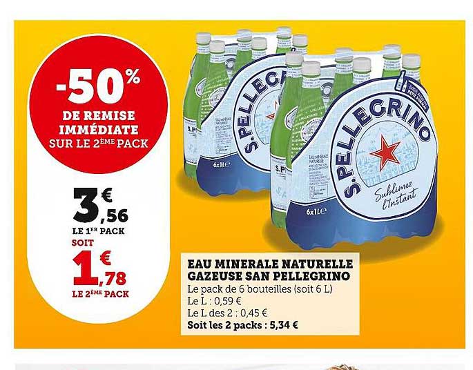 eau minérale naturelle gazeuse san pellegrino -50% de remise immédiate sur le 2ème pack