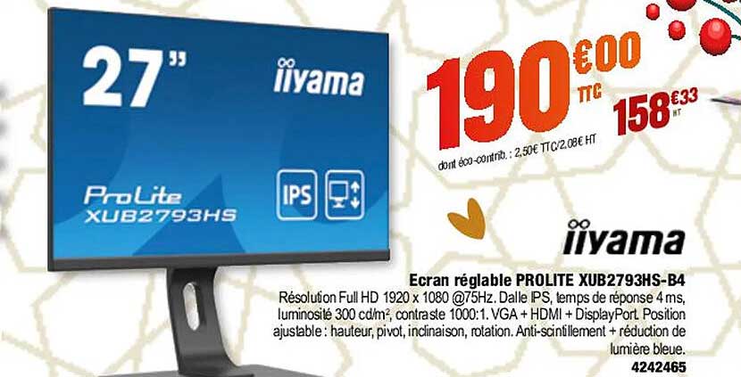 écran réglable prolite xub2793hs-b4 iiyama