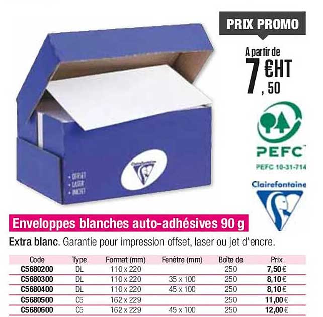 enveloppes blanches auto-adhésives 90 g clairefontaine