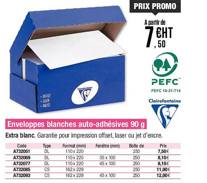 enveloppes blanches auto-adhésives 90 g clairefontaine
