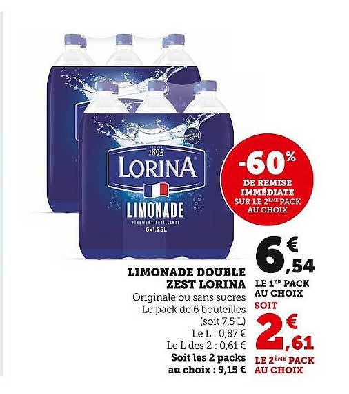 limonade double zest lorina -60% de remise immédiate sur le 2ème pack au choix