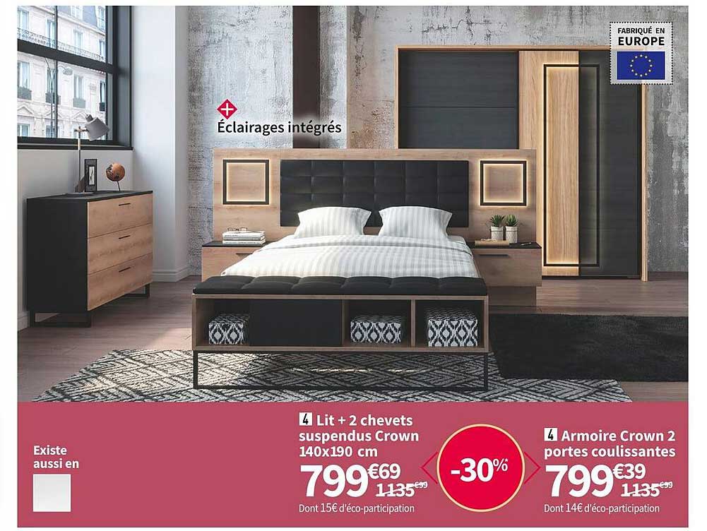 lit + 2 chevets suspendus crown 140x190 cm armoire crown 2 portes coulissantes
