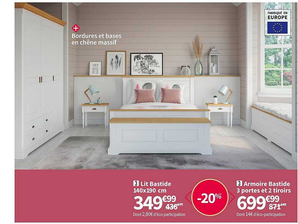 lit bastide 140x190 cm armoire bastide 3 portes et 2 tiroirs