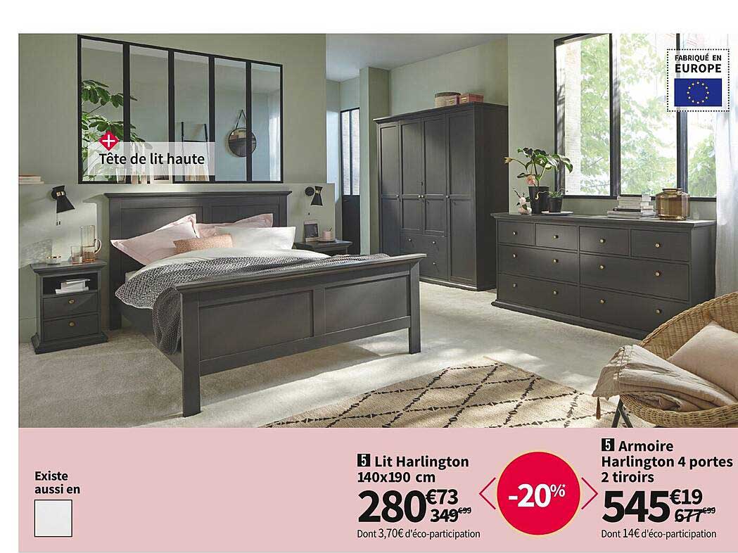 lit harlington 140x190 cm armoire harlington 4 portes 2 tiroirs