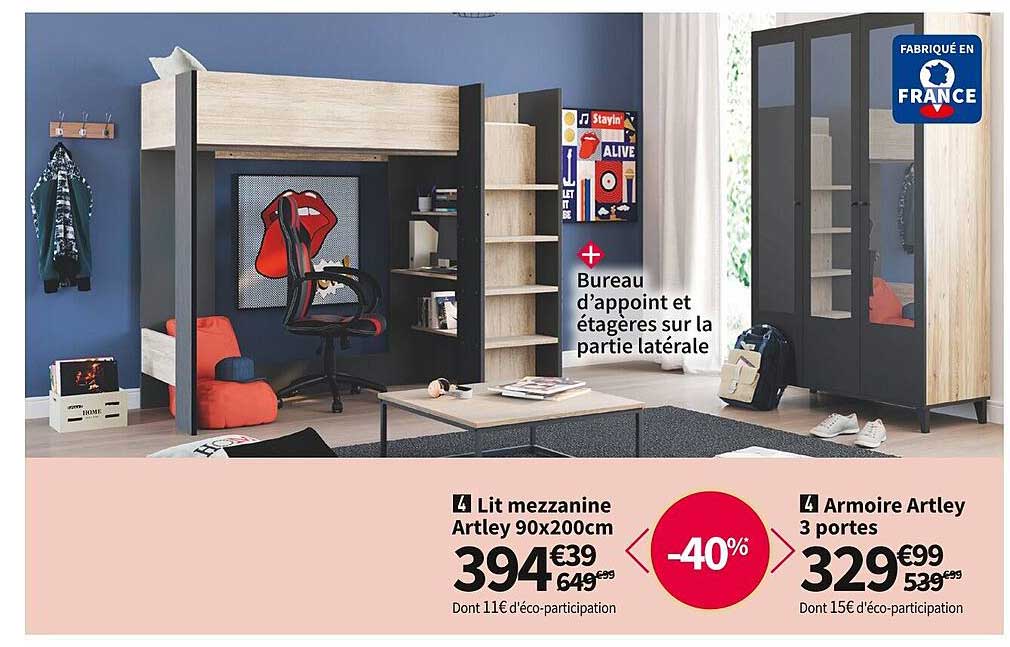 lit mezzanine artley 90x200 cm armoire artley 3 portes