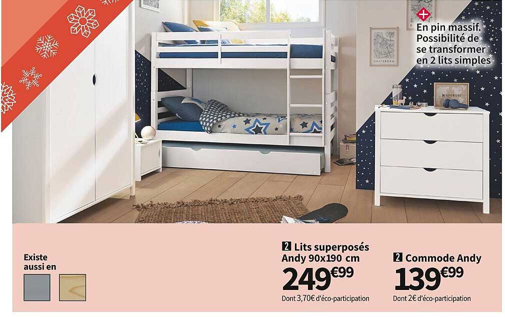 lits superposés andy 90x190 cm commode andy