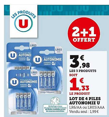lot de 4 piles autonomie u 2+1 offert