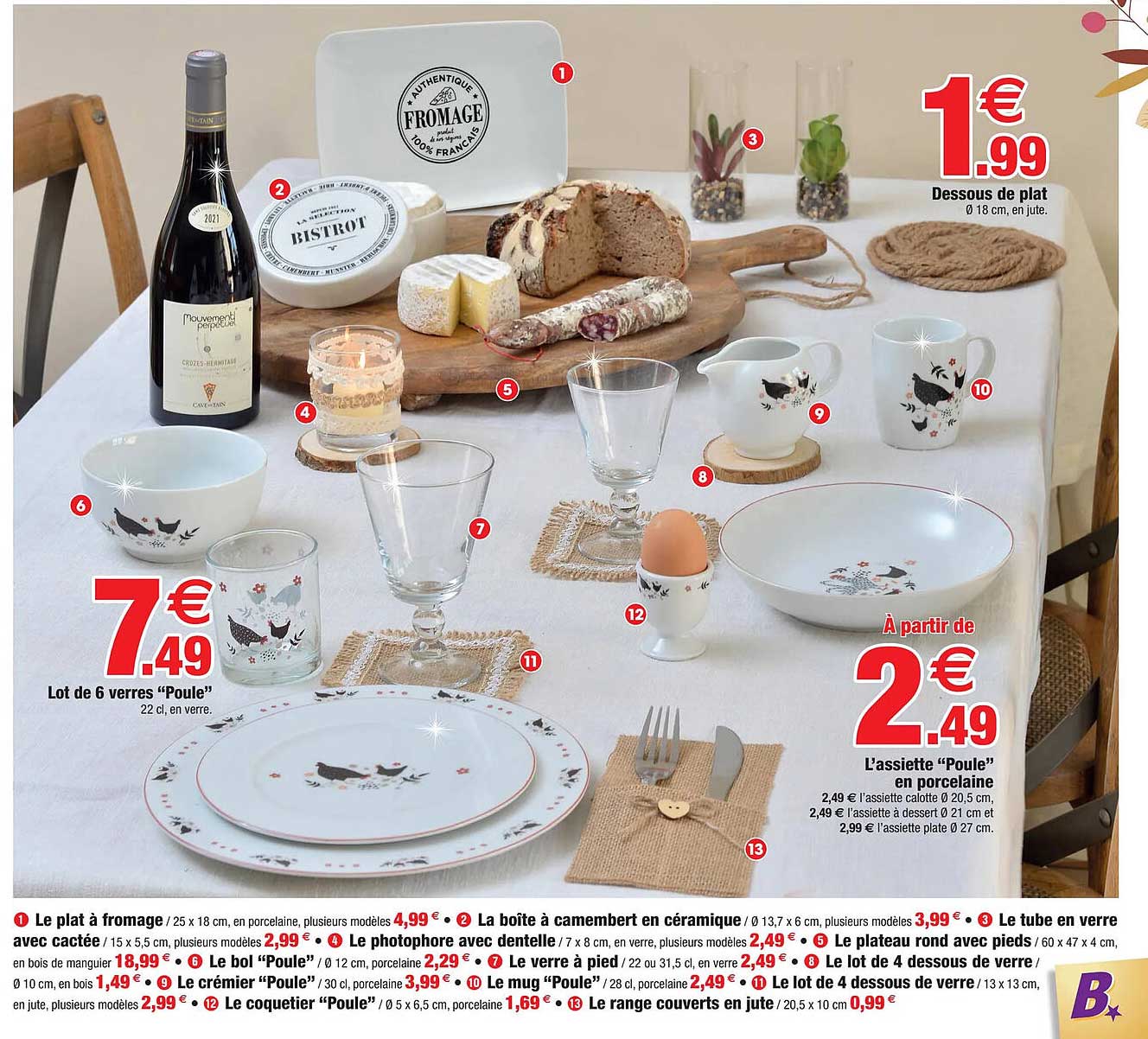 lot de 6 verres "poule", dessous de plat, l'assiette "poule" en porcelaine