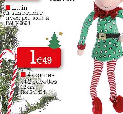 lutin à suspendre avec pancarte, 4 cannes et 2 sucettes