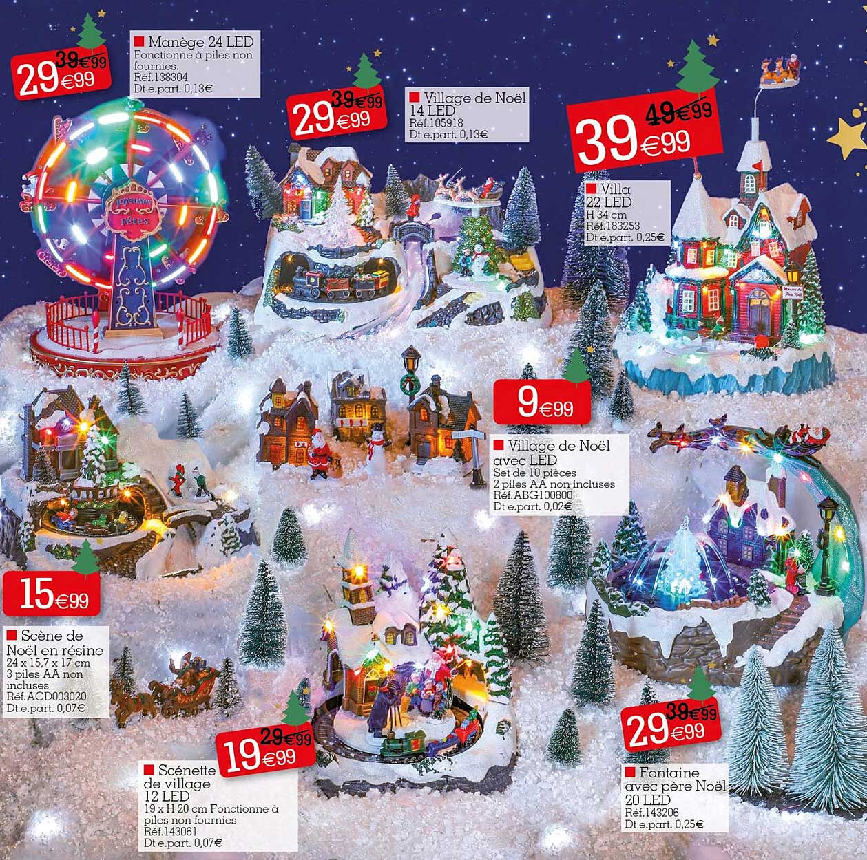 manège 24 led, village de noël 14 led, villa 22 led, village de noël avec led, fontaine avec père noël 20 led, scénette de village 12 led, scène de noël en résine