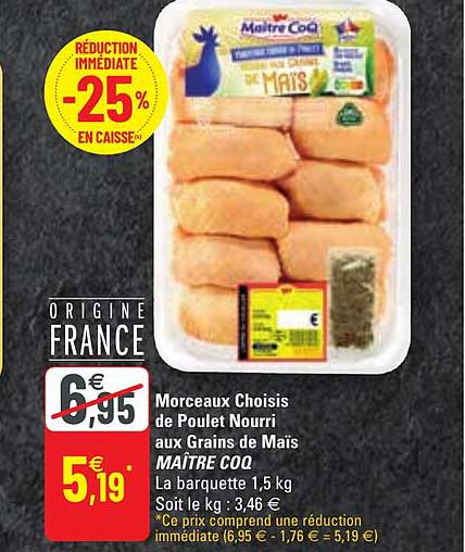 morceaux choisis de poulet nourri aux grains de maïs maître coq