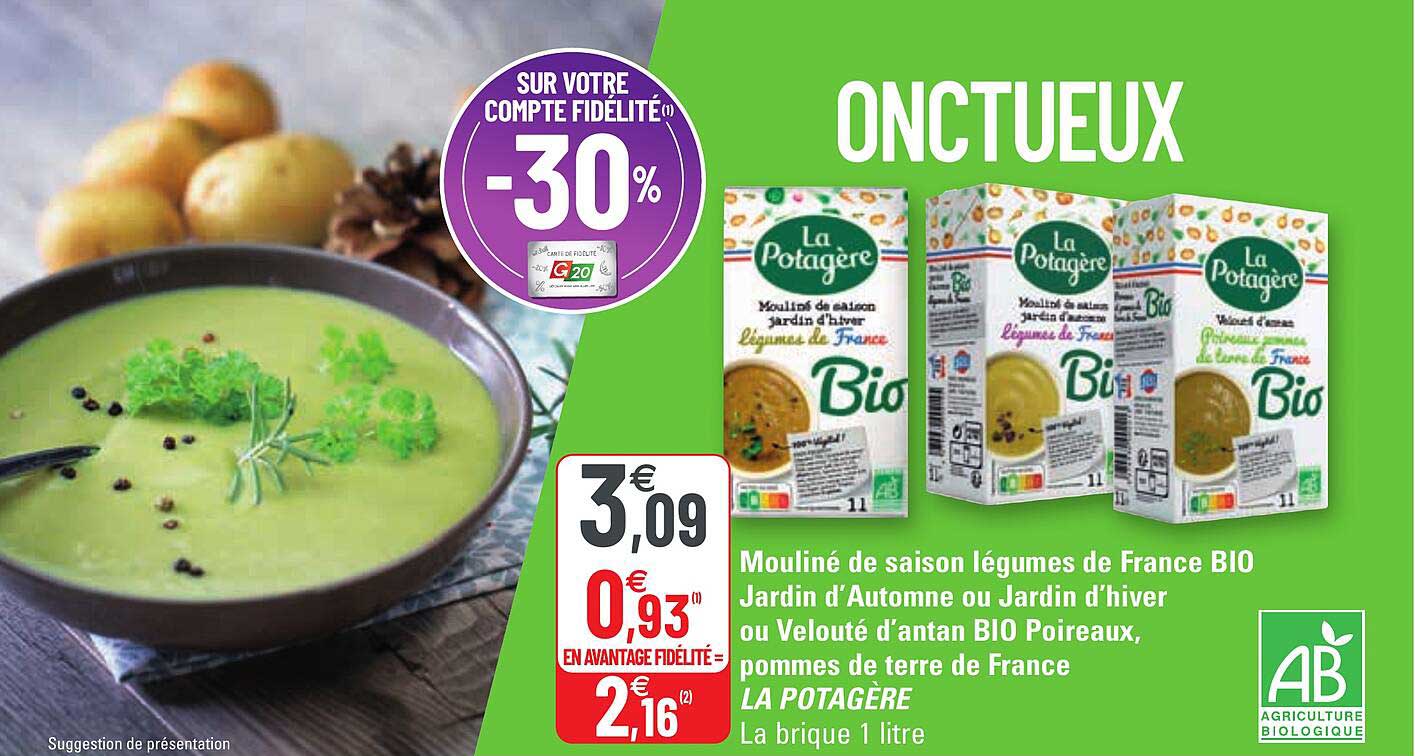 mouliné de saison légumes de france bio jardin d'automne ou jardin d'hiver ou velouté d'antan bio poireaux, pommes de terre de france la potagère