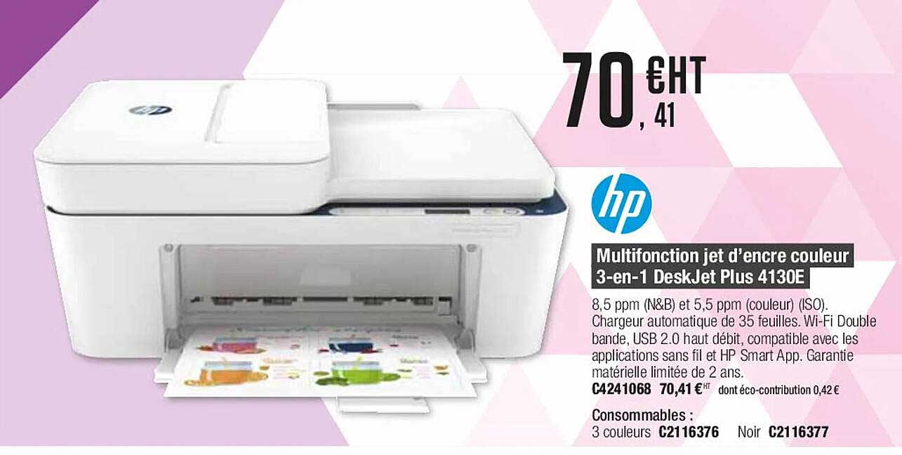 Multifonction Jet D'encre Couleur 3-en-1 Deskjet Plus 4130e Hp