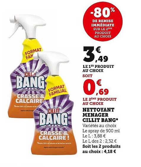 nettoyant ménager cillit bang -80% de remise immédiate sur le 2ème produit au choix