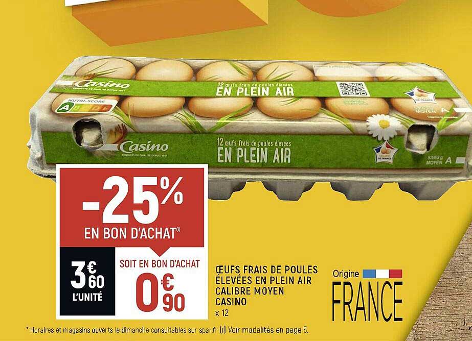 œufs frais de poules élevées en plein air calibre moyen casino