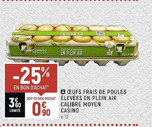œufs frais de poules élevées en plein air calibre moyen casino